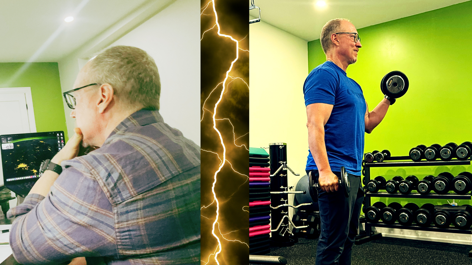 Coach Guy looking stressed at his desk on the left, and smiling while training with dumbbells at the Corefit studio on the right, split by a lightning bolt