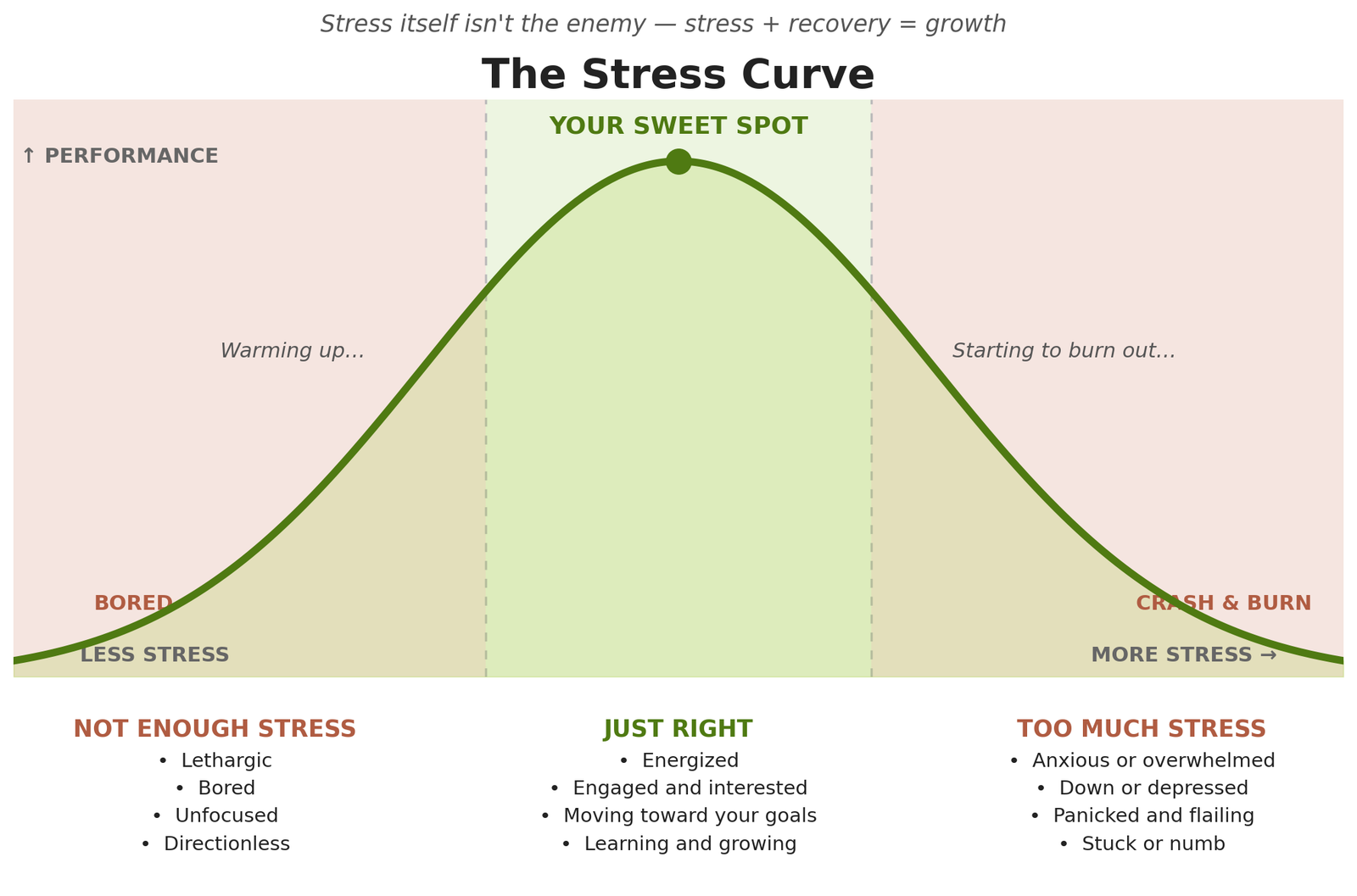 The stress curve: performance rises with stress up to a just-right sweet spot, then falls when stress gets too high
